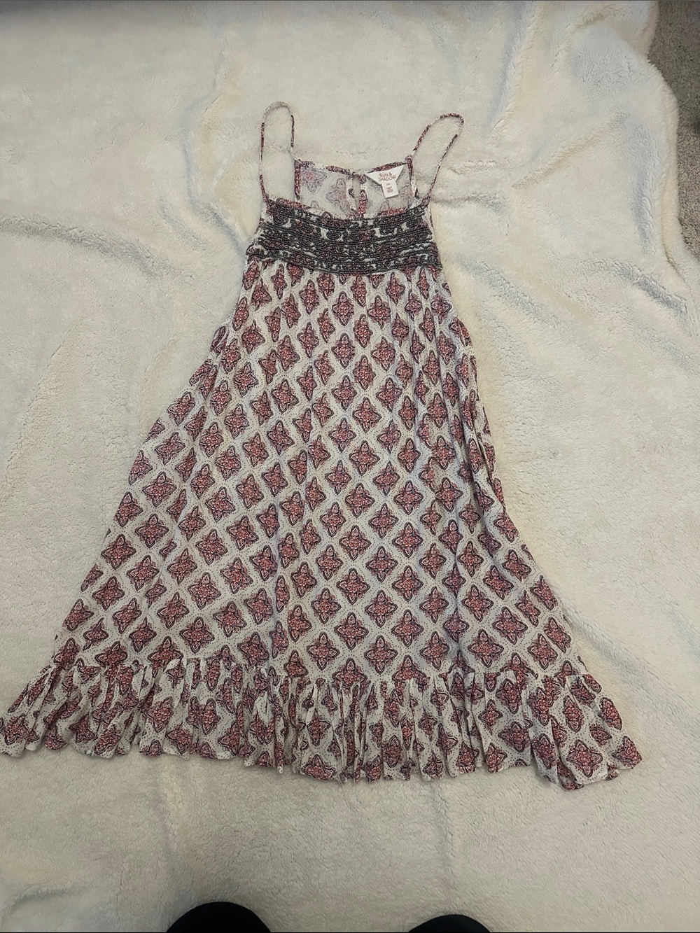 Sun & Shadow Cream and pink wPaisley w silver beading Smocked Maxi dres